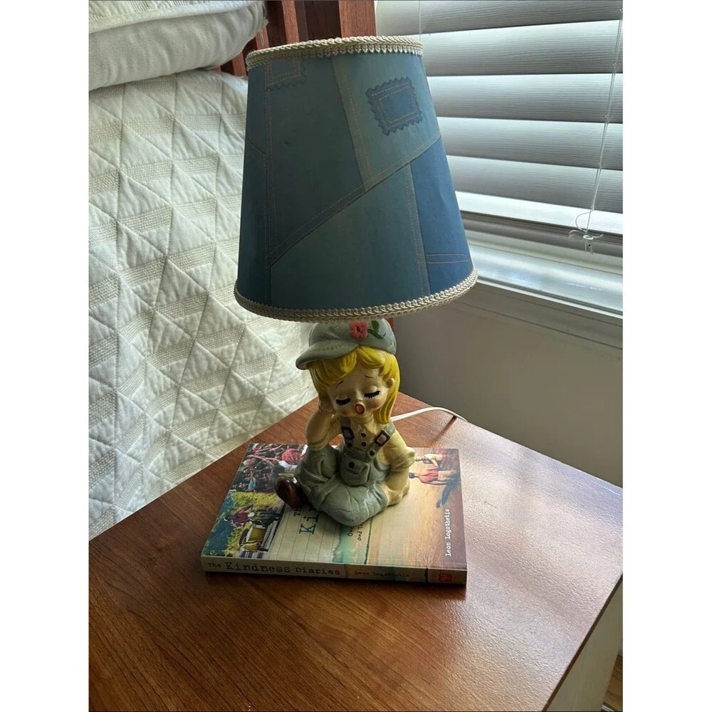 1977 Sears & Roebuck LittleGirl in Denim Lamp with Shade. H 15 in